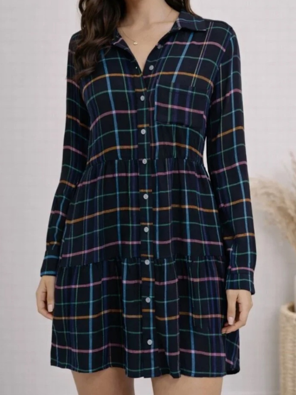 LOFT Black Multicolor Plaid Long Sleeve Tiered Hem Button Down Shirt Dress